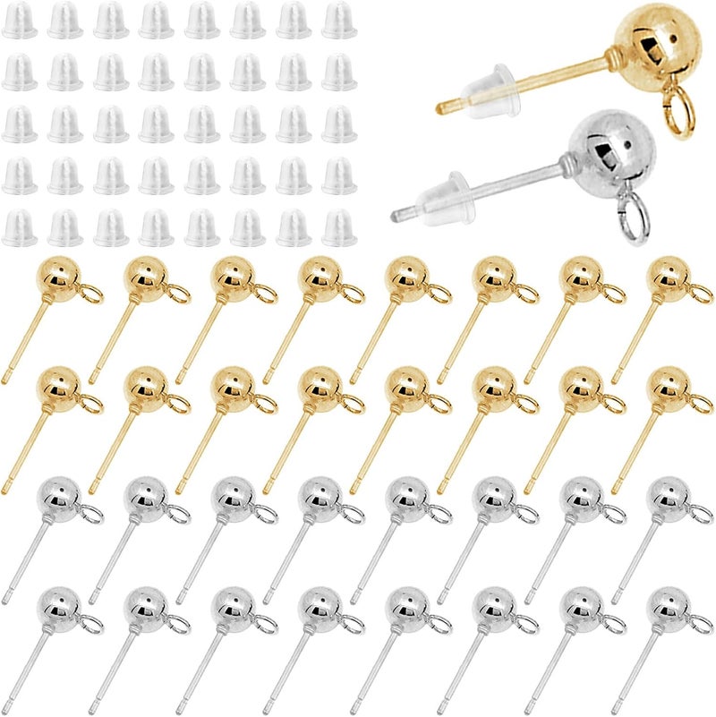 Oubaka 120Pcs Hypoallergenic Ball Studs for Jewelry Making,Round Ball Earring Posts Balls Post Earring Studs with Loop and 200Pcs Clear Earring Backs for DIY Jewelry Making(KC Gold and White K) - Image 1